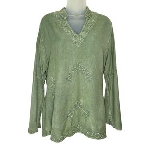 BRAJA  Women Size 1L Green Embellished‎ Romantic Fairy Boho Peasant Top Blouse.